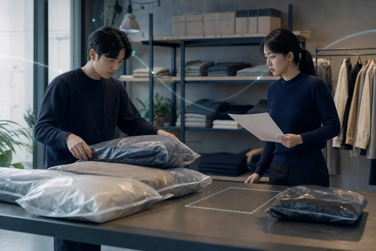 사입대행이 수거한 의류 봉투 중 미도착분을 확인하는 쇼핑몰 입고 현장