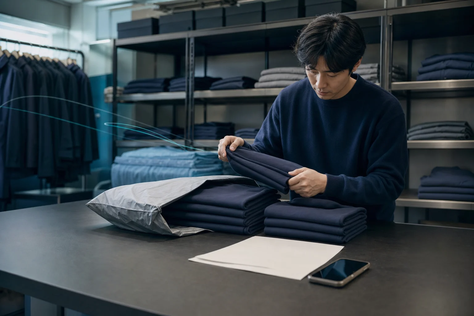 한 봉투에 함께 도착한 동일 옵션 의류를 정상 사입분과 업체교환품으로 확인하는 모습