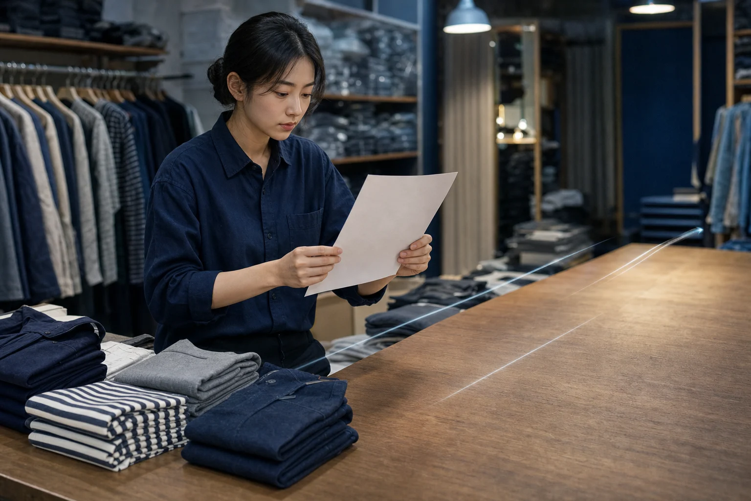 의류 거래처에서 일부만 도착한 상품을 실물과 거래자료로 대조하는 쇼핑몰 운영자