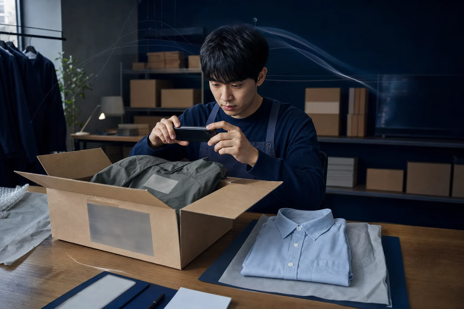 반품 송장이 붙은 상자에서 주문과 다른 의류가 나온 상황을 사진으로 기록하는 쇼핑몰 직원