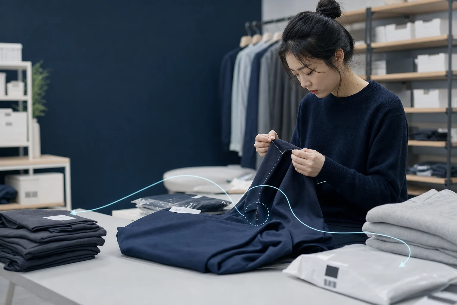 거래처에서 도착한 의류 교환품을 검품하고 재불량 상품을 분리하는 쇼핑몰 운영자